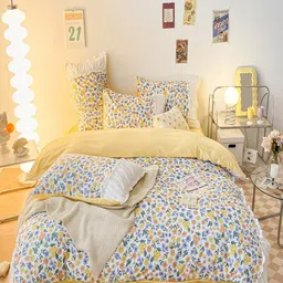 JC HOME 4-Pcs Yellow & White Floral Printed Double Queen Bedding Set-9