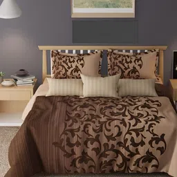 Laying Style Beige & Brown Floral Polycotton 4 Pieces Double King Regular Bedding Set-image-95