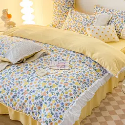JC HOME yellow & White Floral Printed Double King Bedding Set-11