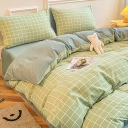 JC HOME Green Checked Double King Bedding Set-15