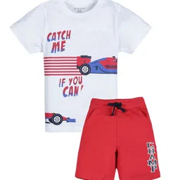 PLUM TREE Boys White & Red Printed Pure Cotton T-shirt with Shorts-picture-2