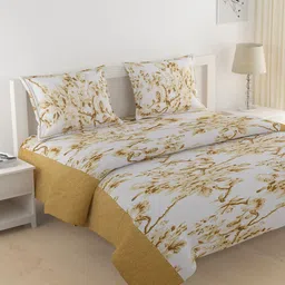 SWAYAM Mustard Yellow & White Floral Printed Cotton Double King Bedding Set-24
