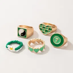 Yellow Chimes Set Of 5 Green Enameled Gold Plated Stack Knuckle Ring Set image 1