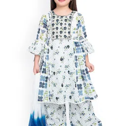 BETTY Girls Blue Floral Embroidered Kurta With Palazzos & With Dupatta-image-51