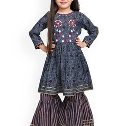 BETTY Girls Navy Blue Floral Yoke Design Empire Kurta with  Gharara-image-2