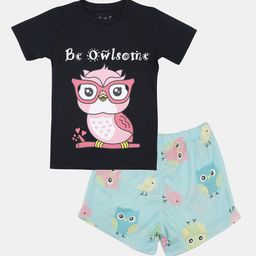 Wyld Sprog Girls Navy Blue & Turquoise Blue Printed T-shirt with Shorts-image-89