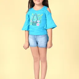 Naughty Ninos Girls Turquoise Blue & Pink Off Shoulder Bell Sleeves Top with Shorts-image-79