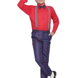 Jeetethnics Boys Red & Navy Blue Silk Blend Shirt & Trousers with Suspenders & Cap-picture-51