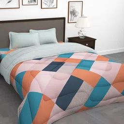 Story@home Orange & Blue 4 Pieces Geometric Printed Microfiber Reversible Bedding Set-44