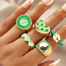 Yellow Chimes Set Of 5 Green Enameled Gold Plated Stack Knuckle Ring Set image 4
