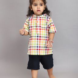 Biglilpeople Boys Checked Mandarin Collar Pure Cotton Shirt with Shorts-image-71