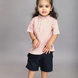 Biglilpeople Boys Striped Mandarin Collar Pure Cotton Shirt & Short Clothing Set-28