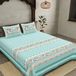 JAIPUR FABRIC Green & White Ethnic Motifs Cotton 300 TC King Bedsheet with 2 Pillow Covers-image-21