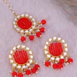 Crunchy Fashion Red Gold-Plated Classic Drop Earrings With Maangtikka-15