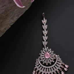SOHI Women Silver-Plated White & Pink American Diamond Studded Maang Tikka-8