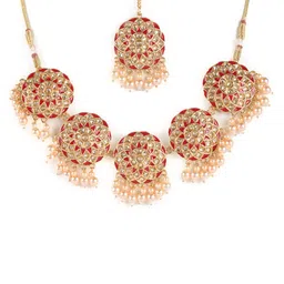 Jazz and Sizzle Gold-Plated Red & White Stone Studded & Beaded Jewellery Set image 3