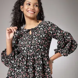 Oomph! Floral Printed Tie-Up Neck Crepe Top-image-74