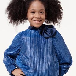 One Friday Girls Vertical Striped Pleated Cuffed Sleeves Bow Top-image-60
