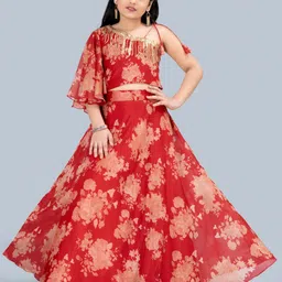FASHION DREAM Girls Red & Gold-Toned Printed Ready to Wear Lehenga Choli-picture-8