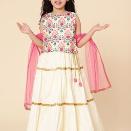 A T U N Girls Cream-Coloured & Pink Embroidered Ready to Wear Lehenga & Blouse With Dupatta-24