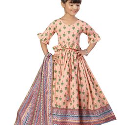 HERE&NOW Girls Peach-Coloured & Green Printed Ready to Wear Lehenga & Blouse With Dupatta-25