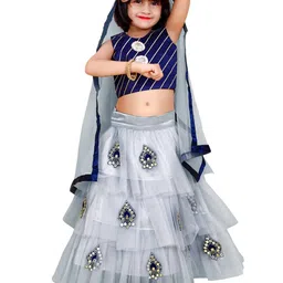 BAESD Girls Grey & Blue Embroidered Patchwork Ready to Wear Lehenga & Blouse With Dupatta-image-63