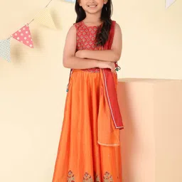 Fabindia Girls Floral Printed Round Neck Cotton Silk Lehenga With Blouse & Dupatta-21