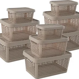 Plastic Set of 9 Stackable Plastic Basket for Storage with Lid | Beige Storage Basket-4