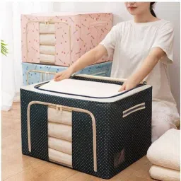 Polypropylene 66L Folding Storage Box Living Box, Fabric Foldable Wardrobe Organizer Storage Basket-11