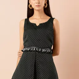INDYA Polka Dots Printed Georgette Short Kurti with Attached Fringe Belt-12
