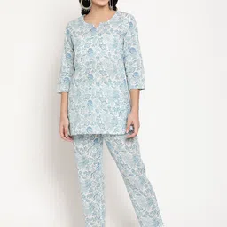 Be Indi Women White & Blue Printed Night suit-picture-0