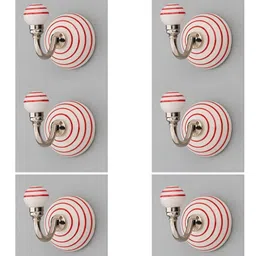 IndianShelf White and Red 6 Piece Striped Printed Ceramic Wall Hooks-9