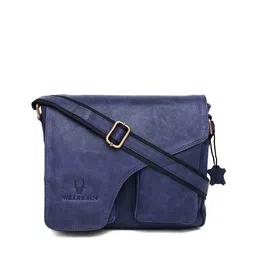 WildHorn Men Blue Textured Leather Messenger Bag-image-23