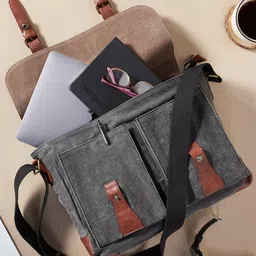 Mona B Unisex Black & Brown Upcycled Canvas Messenger Bag-58