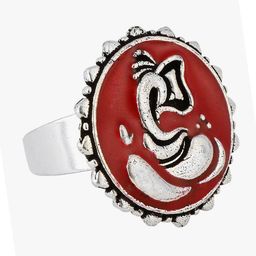 Adwitiya Oxidised Silver-Plated & Red Enamelled Adjustable Finger Ring-image-43