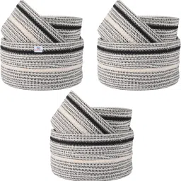 Cotton (Set of 9) Aesthetic Foldable Rope Basket for Storage | GM-29-GRY | Grey + White Storage Basket-2
