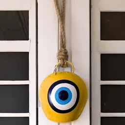 JASMEY HOMES Yellow & Blue Evil Eye Cow Bell Wall Hanging-48