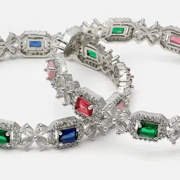 ZENEME Set Of 2 Rhodium-Plated Square Shaped American Diamond-Studded Bangles image 4