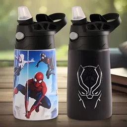 Kuber Industries Blue & Black 2 Pcs Marvel Printed Stainless Steel Sippers 350 ml each-image-86