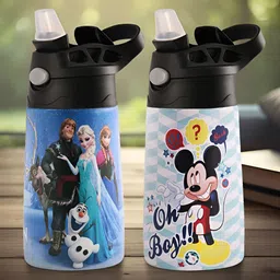 Kuber Industries Blue & Black 2 Pcs Disney Printed Stainless Steel Sippers 350 ml each-image-85