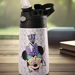 Kuber Industries Pink & Black Stainless Steel Disney Minnie Star Printed Sipper 350 ml-image-36