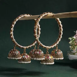 PANASH Set Of 2 Gold Plated American Diamond Stone Studded & Beaded Bangles-16