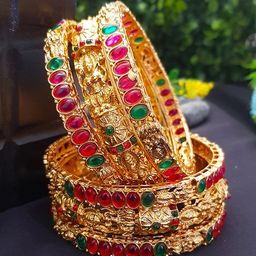 GRIIHAM Set Of 6 Gold-Plated Pink & Green AD Studded Bangles-image-24