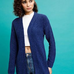 Tokyo Talkies Navy Blue Shawl Collar Acrylic Longline Cardigan Sweater-picture-1