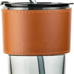Glass Reusable Coffee Sipper Mug with Leather Sleeve,Straw-435ml-picture-0