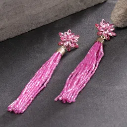 DressBerry Pink Gold-Plated Stone-Studded Floral-Shaped Tasselled Drop Earrings-image-93
