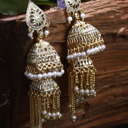 ANIKAS CREATION Gold-Plated Stone Studded & Beaded Dome Shaped Jhumkas-image-82