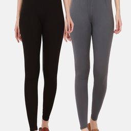 BUY NEW TREND Women Pack Of 2 Solid Black & Grey Pure Cotton Ankle-Length Leggings-image-54