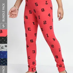 BAESD Girls Pack Of 5 Printed Super Soft Pure Cotton Churidar-Length Leggings-image-90