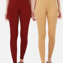 BUY NEW TREND Women Pack Of 2 Solid Maroon & Beige Pure Cotton Ankle-Length Leggings-picture-24